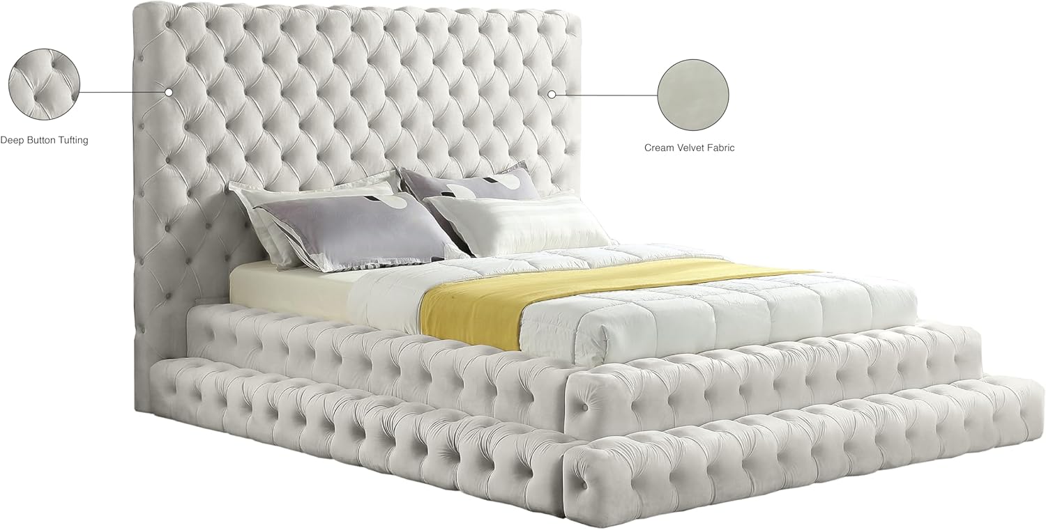 Meridian Furniture RevelCream-Q Revel Collection Modern | Contemporary Cream Velvet Upholstered Bed with Deep Button Tufting, 85' W x 98' D x 60' H, Cream, Queen
