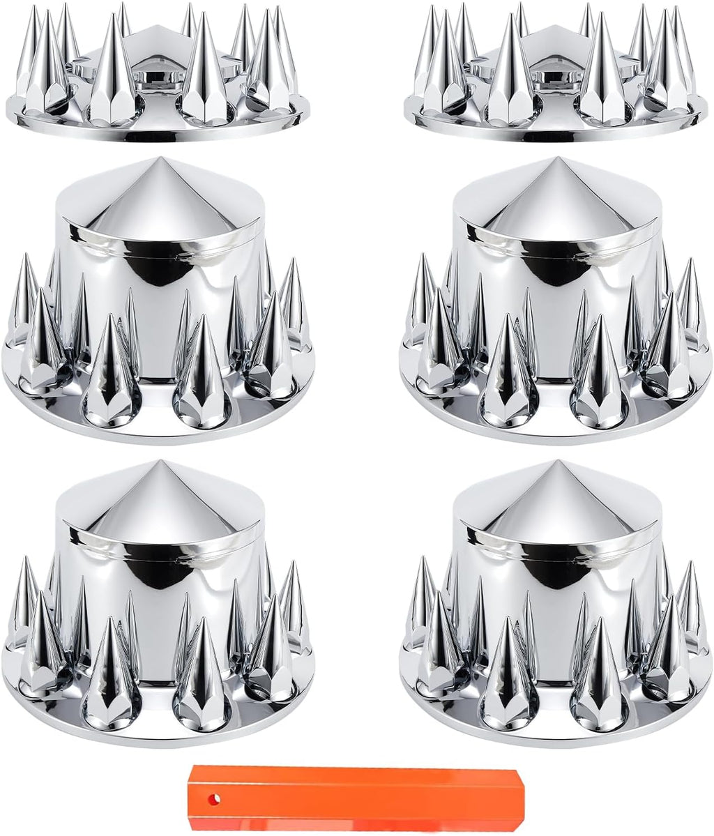 ABS Chrome Plastic Front Axle and Rear Cover Kits with 33mm Push-on Flange Nut Covers for Semi Trucks in Pairs, Spiked, 2+4 Set
