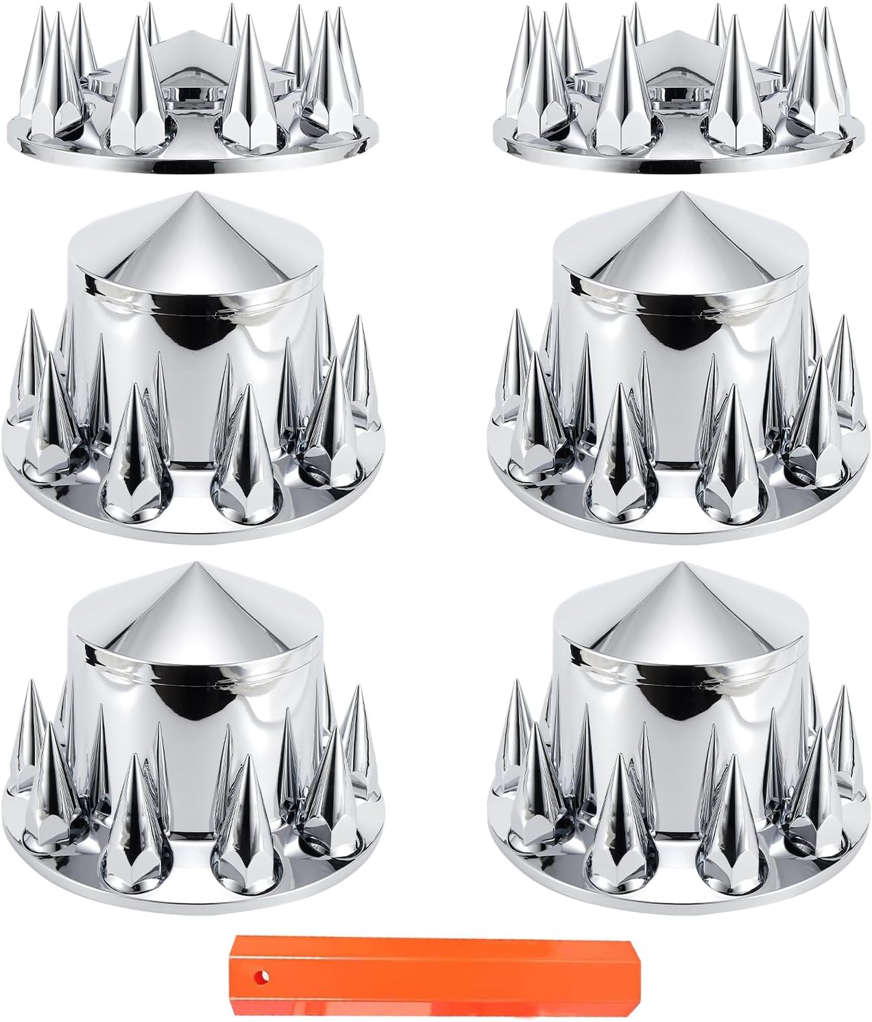 ABS Chrome Plastic Front Axle and Rear Cover Kits with 33mm Push-on Flange Nut Covers for Semi Trucks in Pairs, Spiked, 2+4 Set