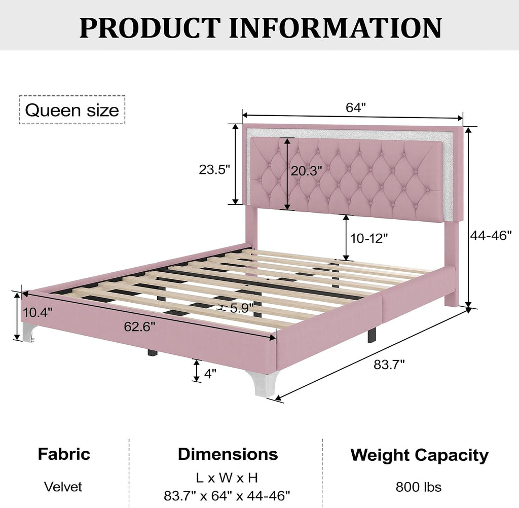 Flieks Bedroom Sets, 3-Pieces Bedroom Sets, Queen Size Upholstered Platform Bed with LED Lights and 2 Nightstands, Pink