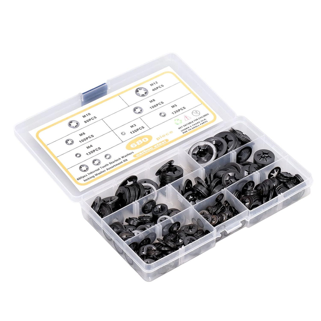 680Pcs Carbon Steel Starlock Washers Kit, M3 to M12 Assortment, Quick Speed Locking, Internal Tooth Design for Secure Fastening, Push Nuts & Retaining Clips Included