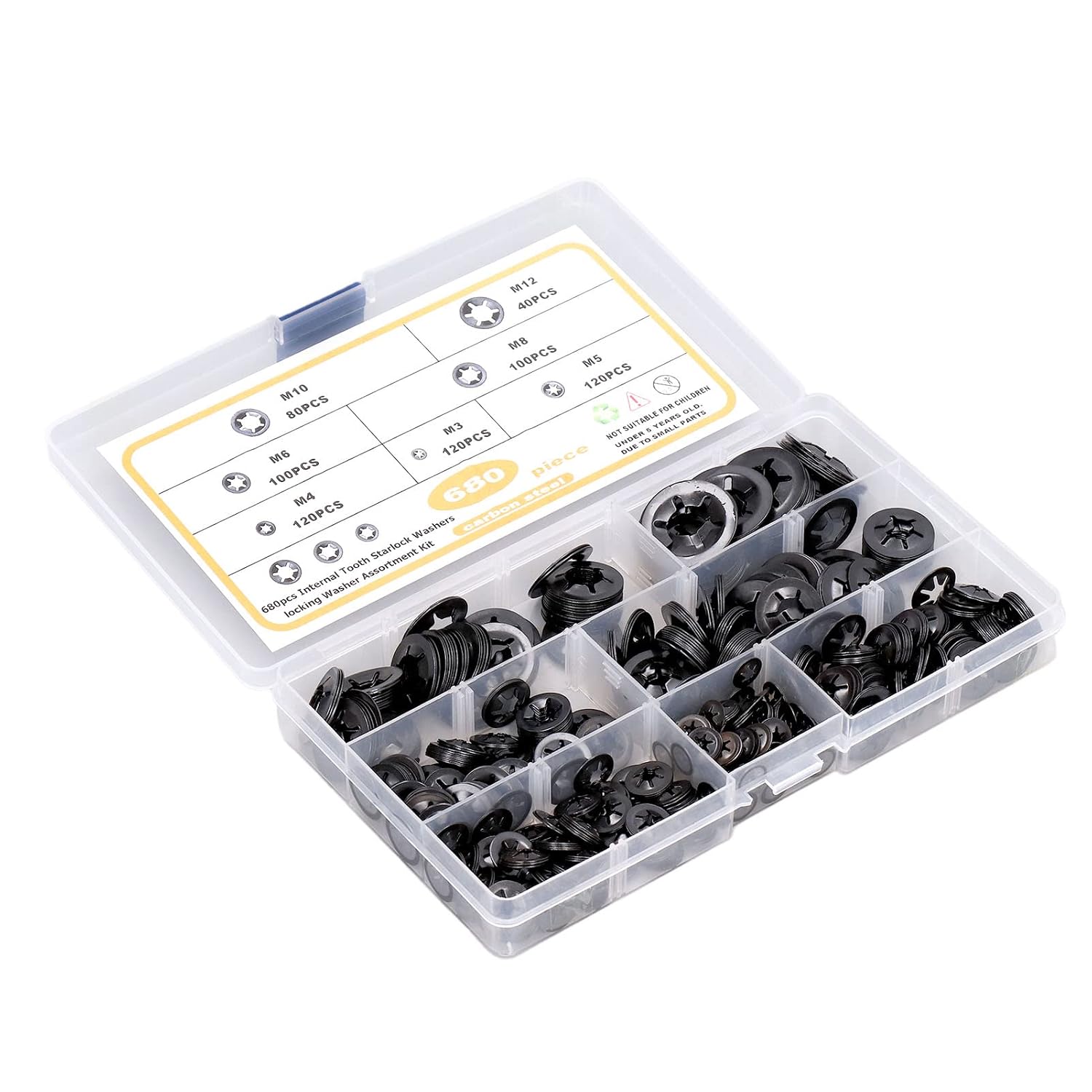 680Pcs Carbon Steel Starlock Washers Kit, M3 to M12 Assortment, Quick Speed Locking, Internal Tooth Design for Secure Fastening, Push Nuts & Retaining Clips Included