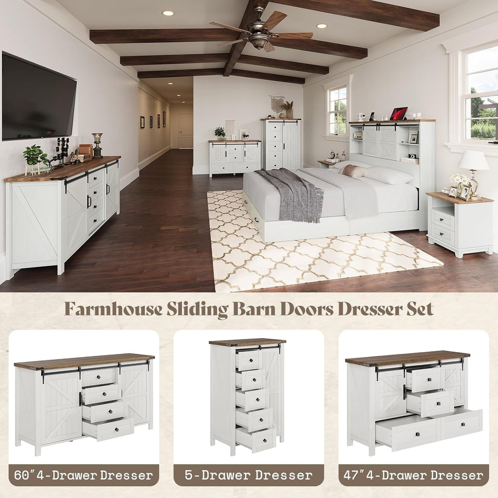 AMERLIFE 4-Piece Farmhouse Bedroom Set in Distressed White, Full Size Bed Frame with Bookcase Headboard, 5-Drawer Tall Dresser, 47'' Dresser with 4 Drawers, 60' Dresser with 4 Drawers