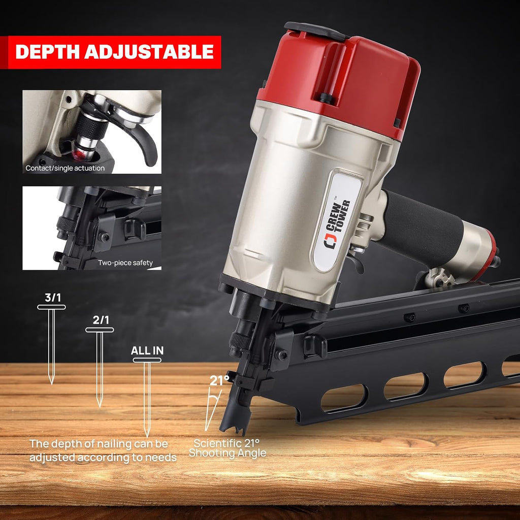 21 Degree Framing Nailer for Contractors - Pneumatic Nail Gun 2 Inch to 3-1/4 Inch for Framing, Sheathing and Roofing - Lightweight 8.6 lbs with Tool-Free Depth Adjustment - SRN9021