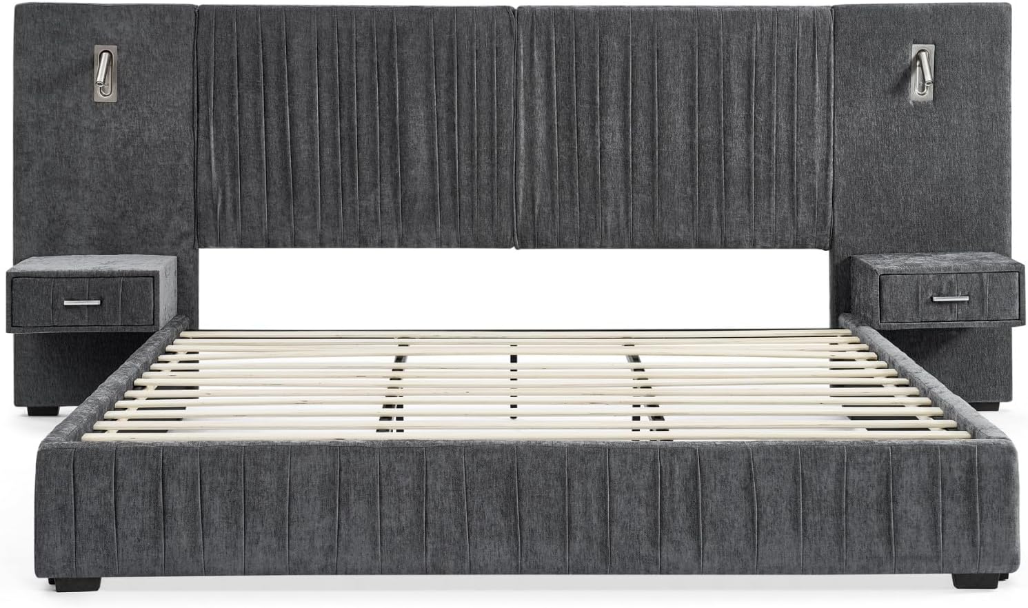 KEIKI Queen Size Chenille Bed Frame with 2 Nightstands, Lamps & Oversize Headboard, Solid Wood Frame Platform Night Stand Bedroom Set, Upholstered Floor Grounded Bed, No Box Spring Needed, Dark Grey
