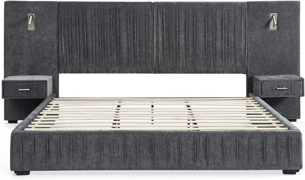 KEIKI King Size Chenille Bed Frame with 2 Nightstands, Lamps & Oversize Headboard, Solid Wood Frame Platform Night Stand Bedroom Set, Upholstered Floor Grounded Bed, No Box Spring Needed, Dark Grey