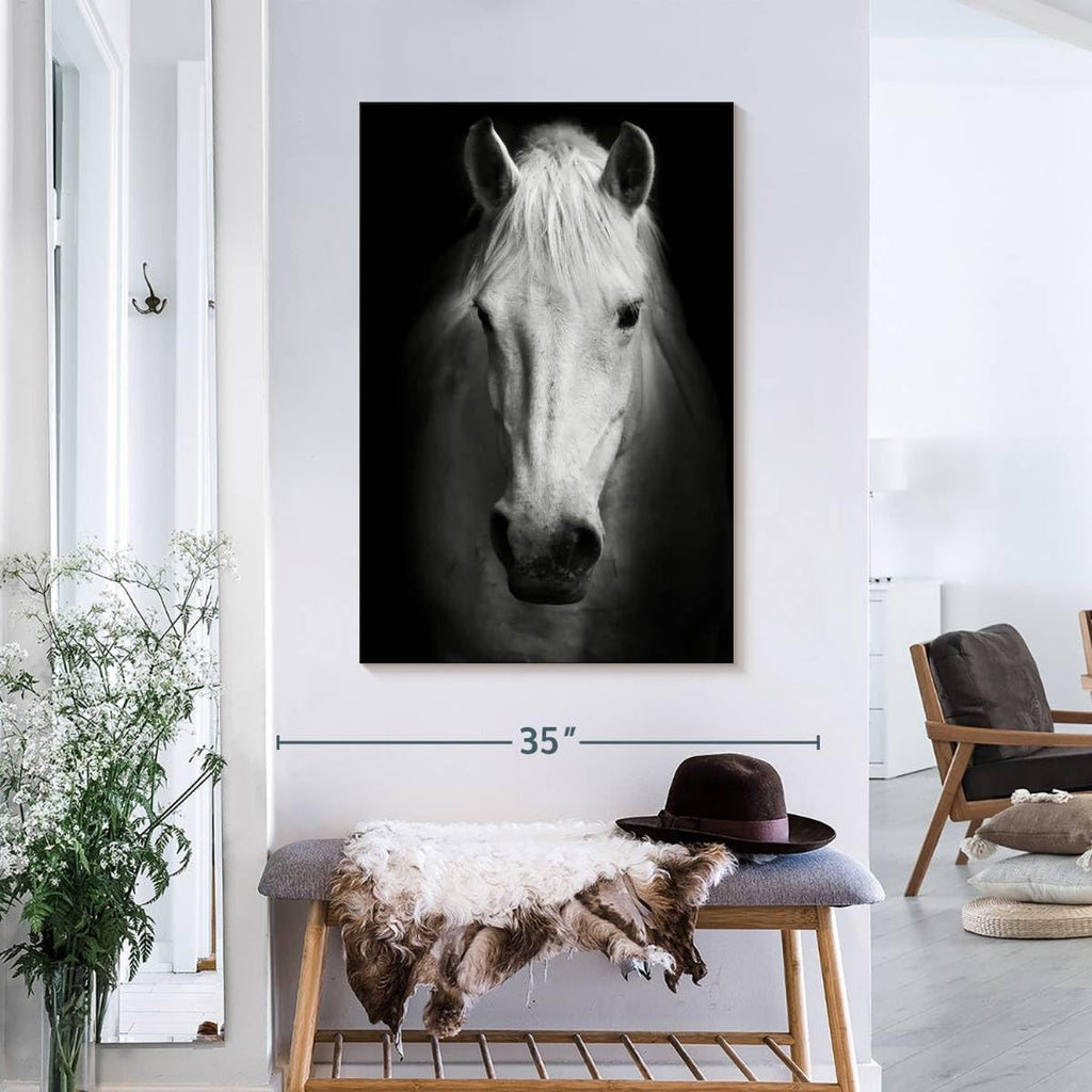 ElephantStock - White Thoroughbred Horse Wall Art - Vertical Canvas Wall Art - Living Room Wall Decor - Photography Animal Canvas Art - Black And White Decor - 24' x 36'