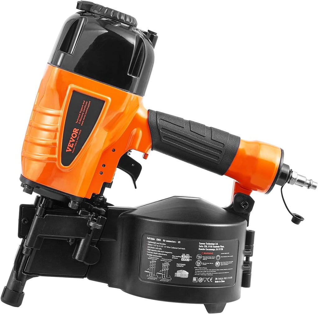 VEVOR Coil Siding Nailer CN65, 1-1/4' to 2-1/2' 15 Degree Pneumatic Siding Nail Gun with Tool-Less Depth Adjustment, 70-120PSI Air Coil Nailer for Siding, Pallet Sheathing, Wooding, Fencing, Decking
