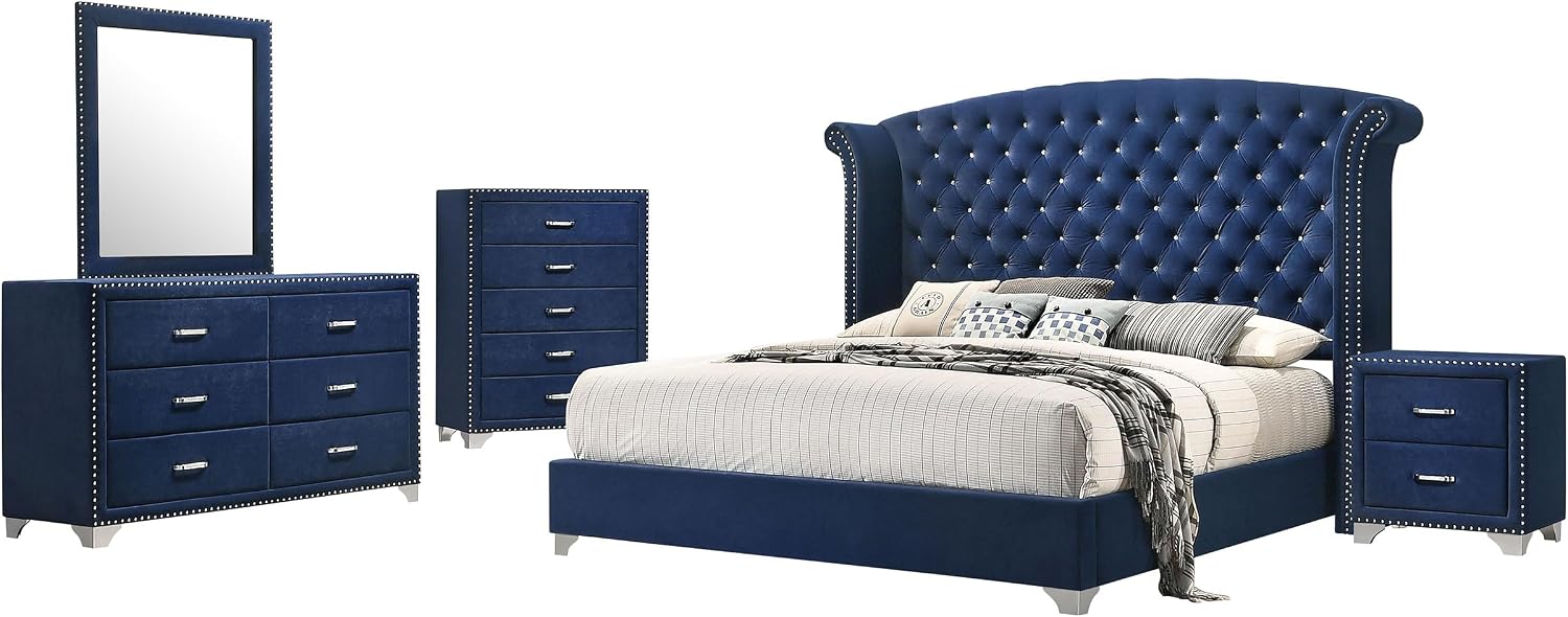 Coaster Home Furnishings Melody Modern Classic 5-Piece Bedroom Set Velvet Upholstered California King Size Wingback Bed Frame 66-inch Headboard Pacific Blue 223371KW-S5