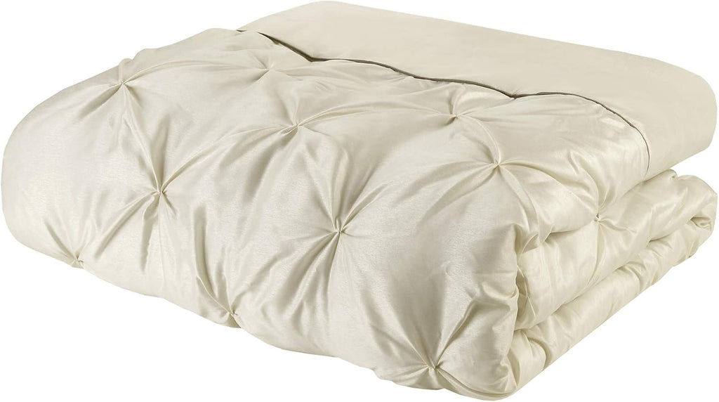 Madison Park Essentials Room in a Bag Faux Silk Comforter Set - Luxe Diamond Tufting All Season Bedding, Matching Curtains, Decorative Pillows, Ivory Queen(90'x90') 24 Piece