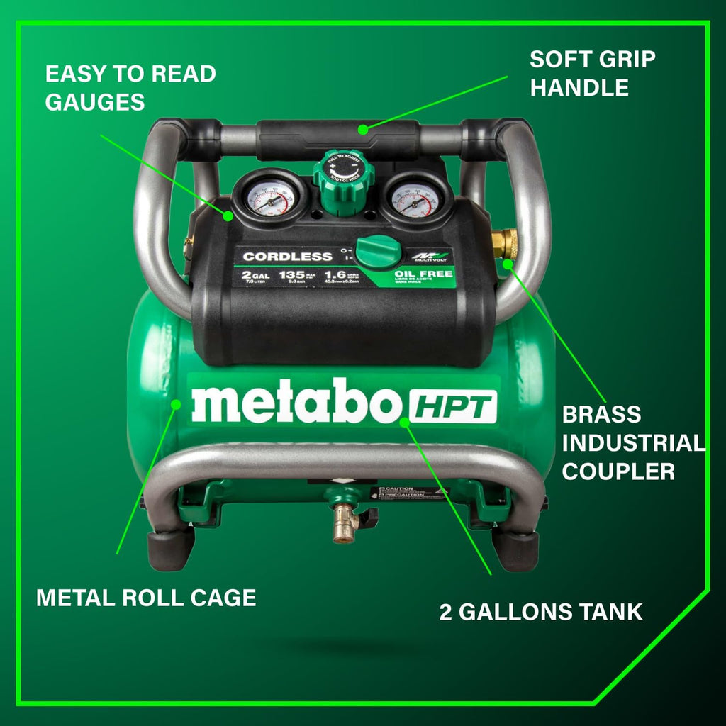 Metabo HPT 36V MultiVolt 2 Gallon Cordless Air Compressor, Portable and Versatile, Ideal for Pneumatic Finish Nailers and Tire Inflation, tool body only EC36DAQ4