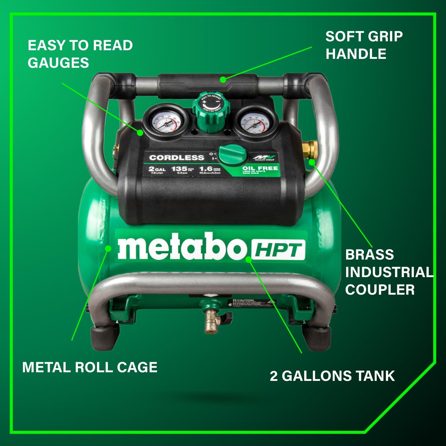 Metabo HPT 36V MultiVolt 2 Gallon Cordless Air Compressor, Portable and Versatile, Ideal for Pneumatic Finish Nailers and Tire Inflation, tool body only EC36DAQ4