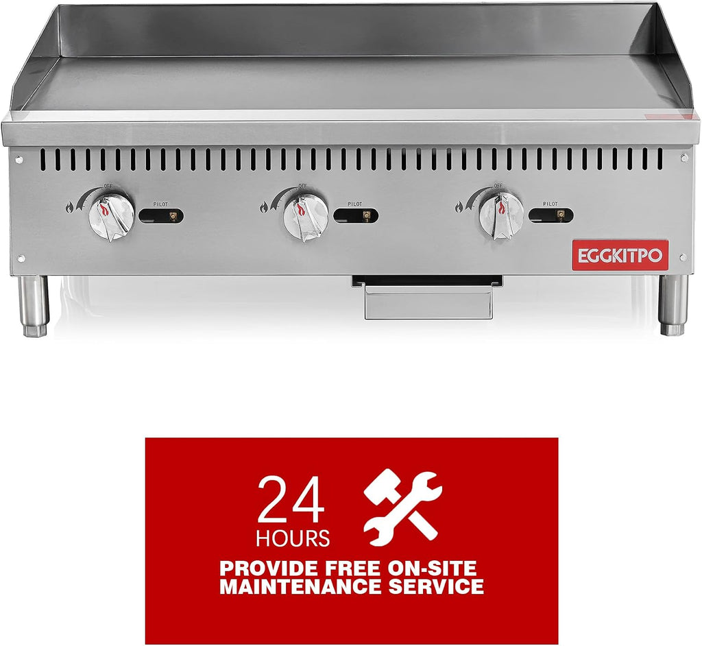 EGGKITPO 36 Inch CSA Certified Commercial Propane/Natural Gas Griddle Manual Controls 90,000 BTU Countertop Flat Top Grill Hot Plate with Independeent Knob 3 Burners Teppanyaki Grill for Restaurant