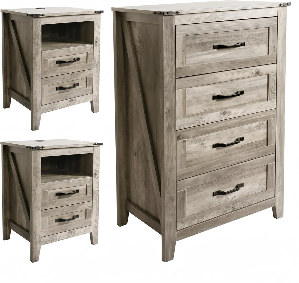 NEDYO 3PCS Dresser and Nightstand Sets, Farmhouse Dresser Set, 4 Drawer Dresser and 2 Drawer Nightstand Set of 2 with USB, Rustic Wooden Dresser Set for Bedroom. Light Rustic Oak