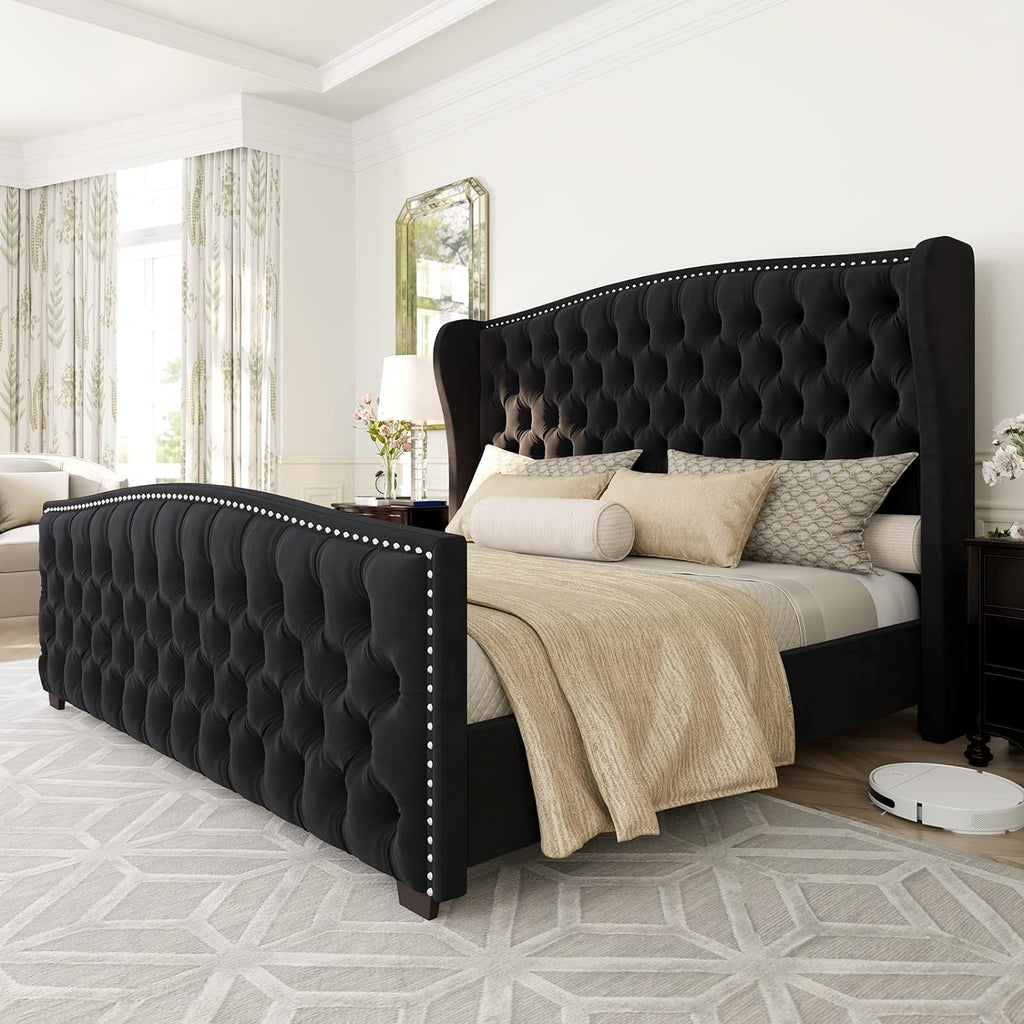 AMERLIFE King Size Platform Bed Frame, Velvet Upholstered Bed with Deep Button Tufted & Nailhead Trim Wingback Headboard/No Box Spring Needed/Black