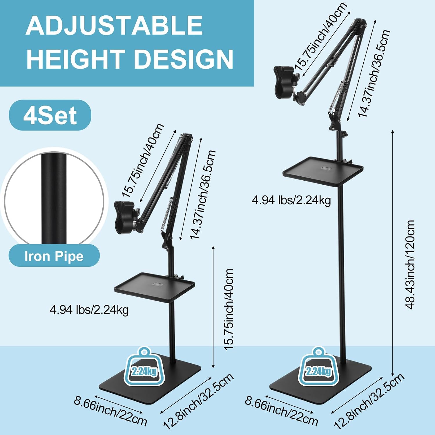 Relaxweex 4 Set Microphone Stands with Weighted Bases Boom Arm Floor Mic Stand with Tray Microphone Clip Carrying Bag 3/8' to 5/8' Screw Adapter and Cable Ties for Singing Stage Wedding Karaoke Band