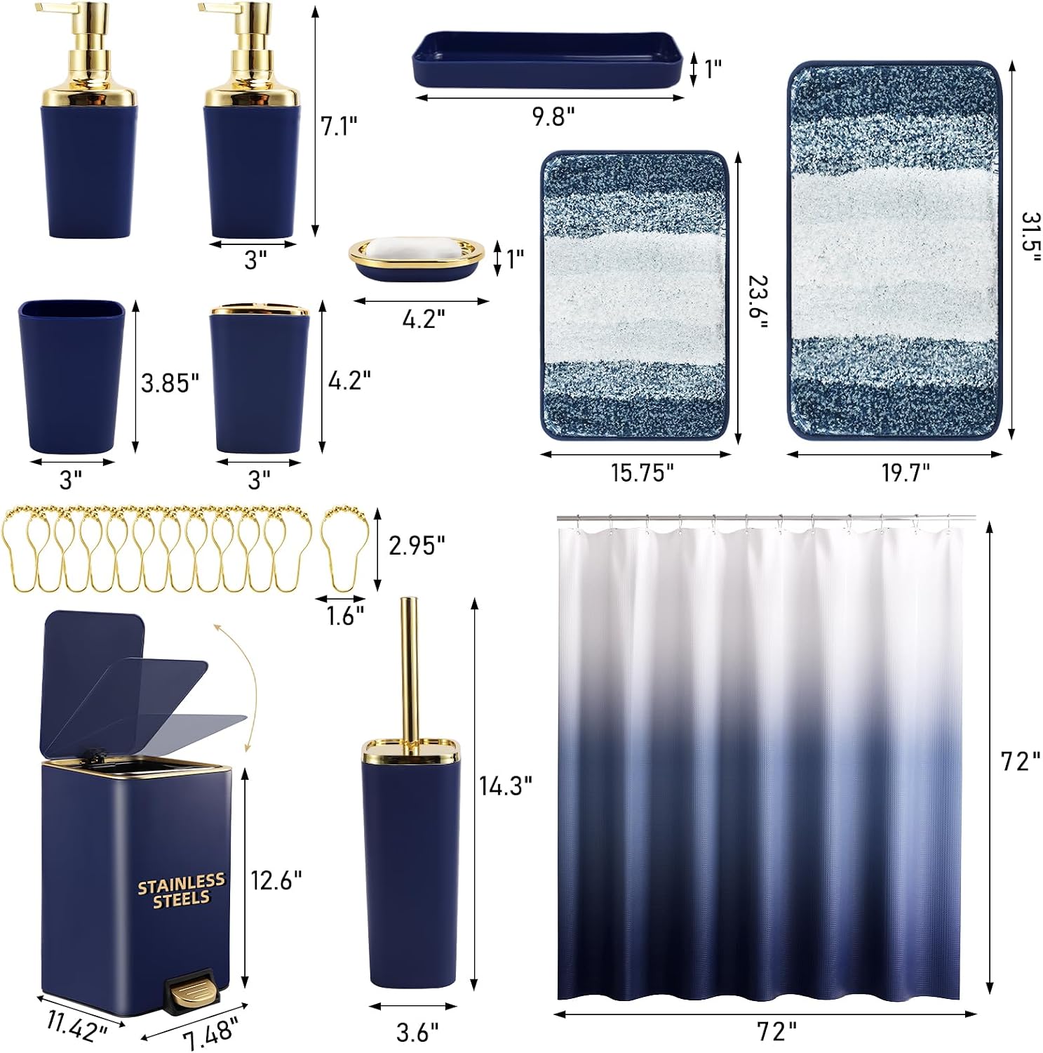 Bathroom Sets with Shower Curtain and Rugs Bathroom Accessories Set Navy Blue Bathroom Set,Soap Dispenser & Toilet Brush Holder Set with Stainless Steel Trash Can(23 PCS)