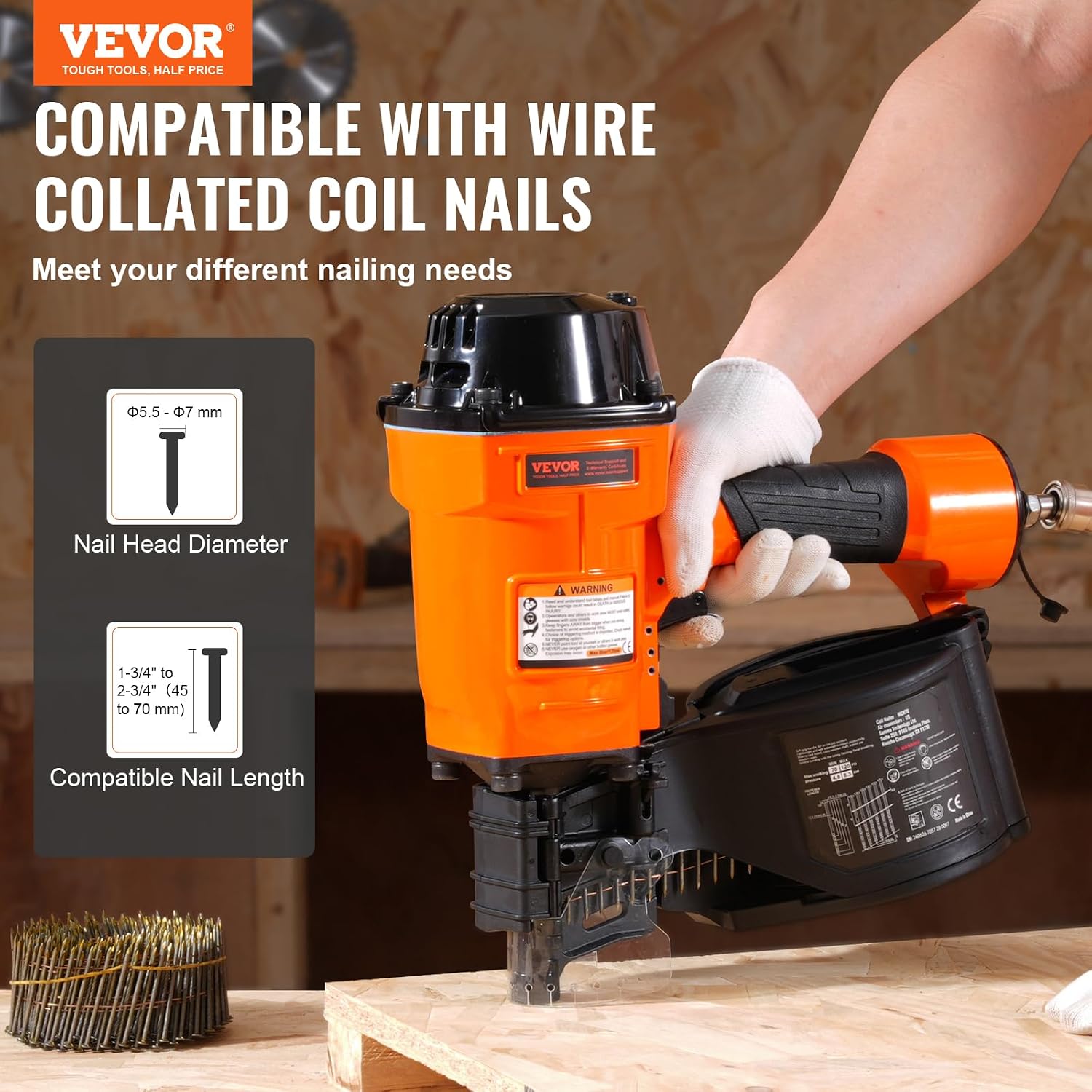 VEVOR Coil Siding Nailer MCN70, 1-3/4' to 2-3/4' 15 Degree Pneumatic Siding Nail Gun, 70-120PSI Air Coil Nailer for Pallet, Crating, Framing, Siding and Fencing