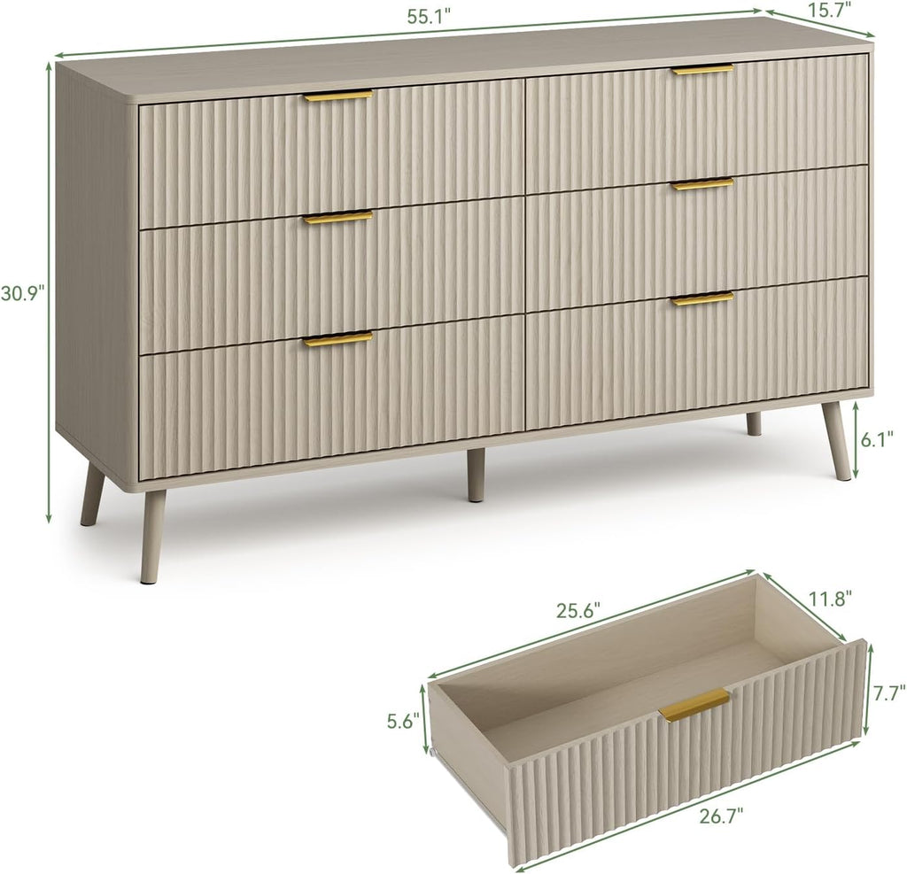 LYNSOM Fluted Dresser and Nightstand Sets 4 Piece, 2-Drawer Nightstands and 5/6 Drawers Dresser, Wood Bedroom Furniture Set for Home, Bedroom, Beige