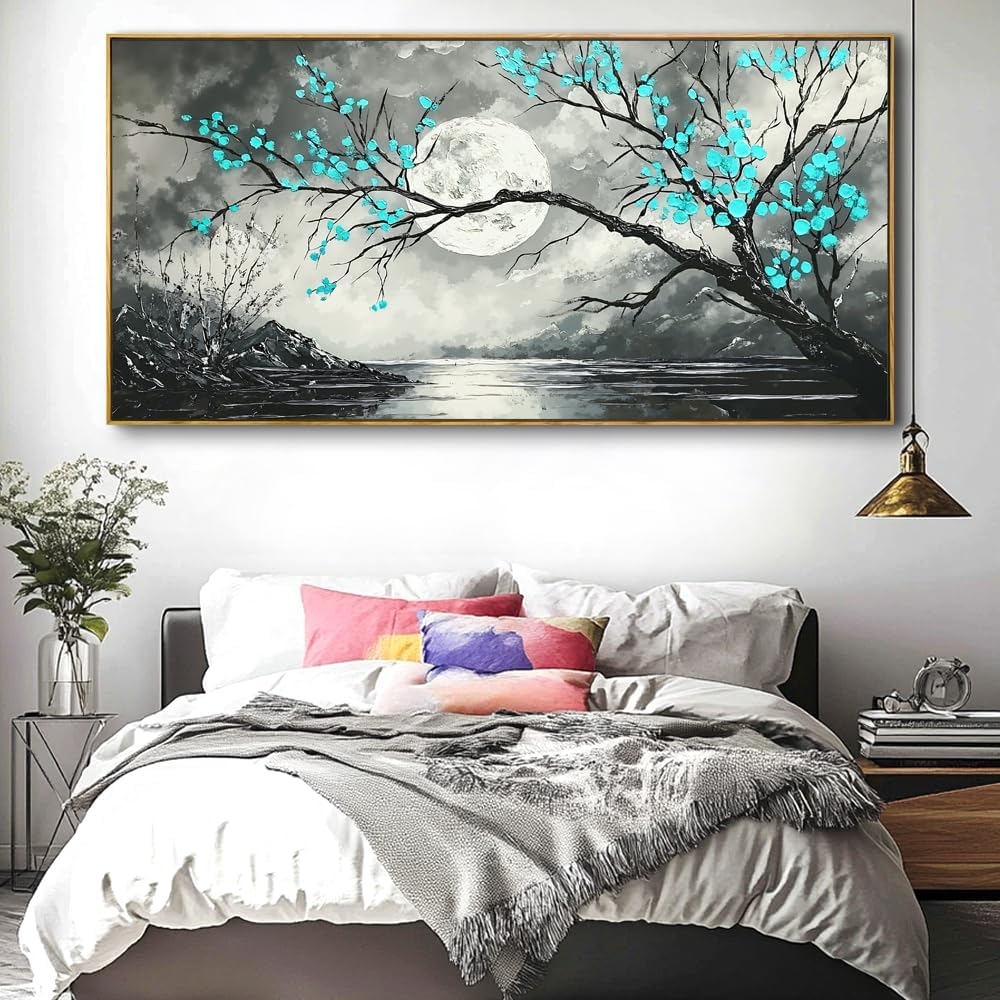 Abstract Moon Landscape Wall Art - Large Framed Canvas Painting for Living Room, Bedroom, Modern Artwork Decor - 60x30 Inch Ready-to-Hang