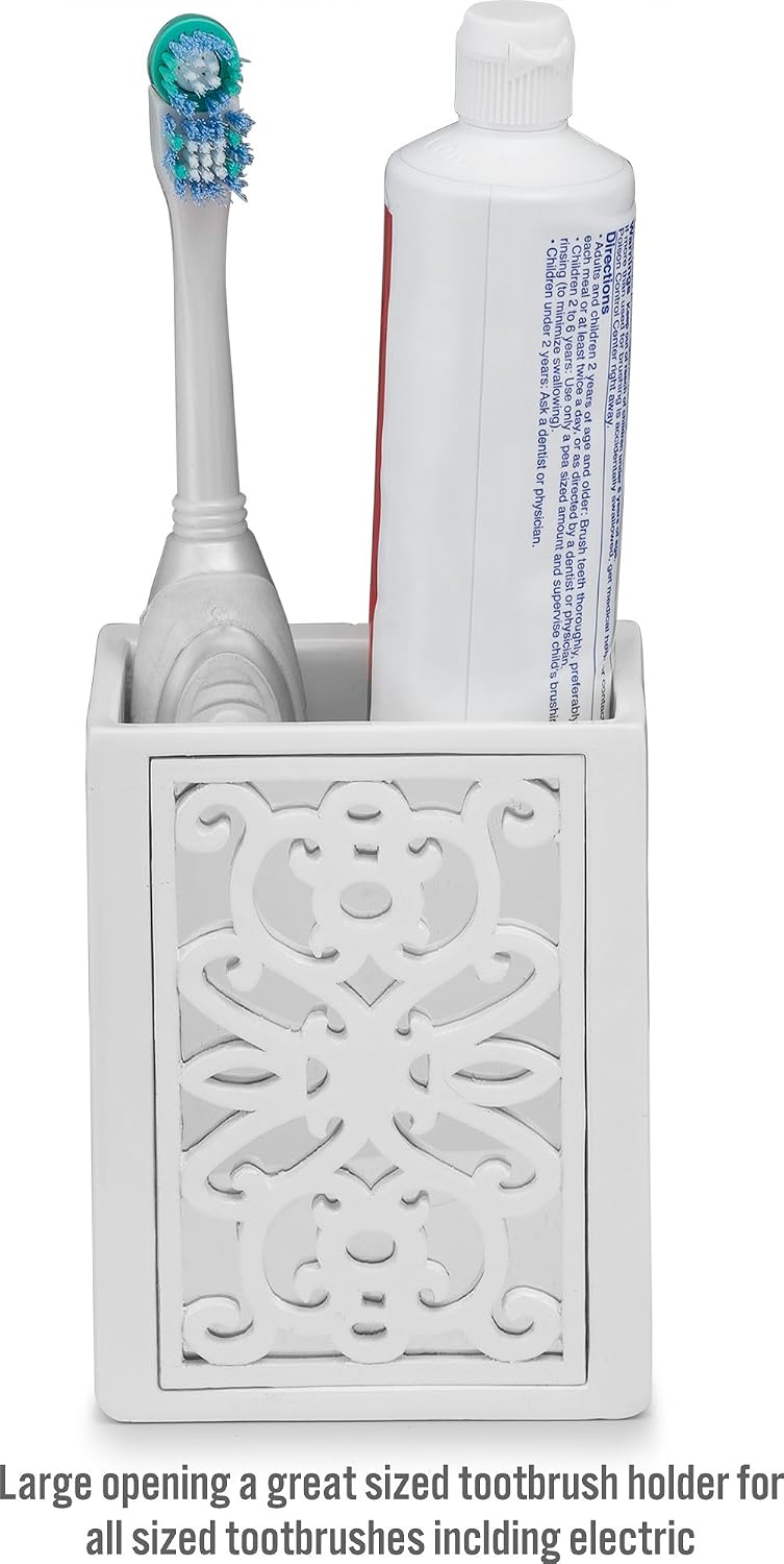 Creative Scents Mirror Janette White Bathroom Accessories Set Complete - 6 Piece Bathroom Set Includes: Soap Dispenser, Toothbrush Holder, Tumbler Cup, Soap Dish, Tissue Cover, and Wastebasket