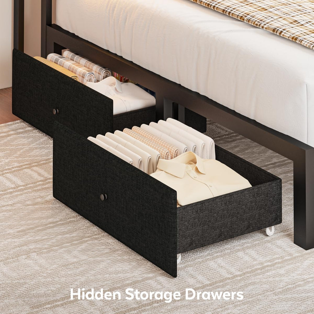 Full Corner Bed Frame with Storage Drawers, Modern Daybed with LED Lights and Charging Station, Metal Platform Bed Frame Full Size with Linen Upholstered Guardrail for Dorm Bedroom, Black