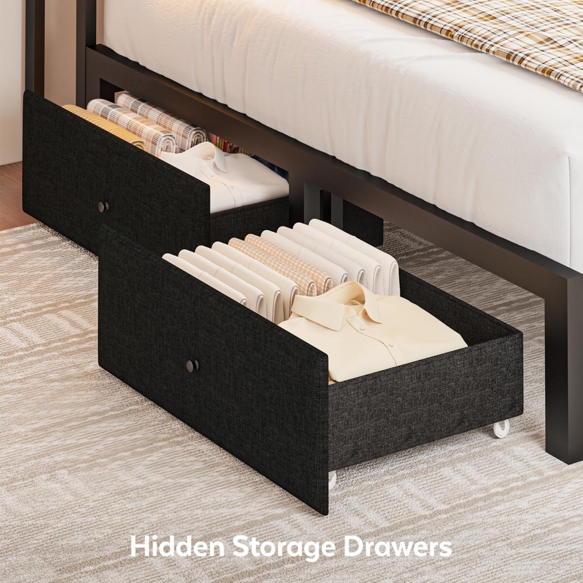 Full Corner Bed Frame with Storage Drawers, Modern Daybed with LED Lights and Charging Station, Metal Platform Bed Frame Full Size with Linen Upholstered Guardrail for Dorm Bedroom, Black