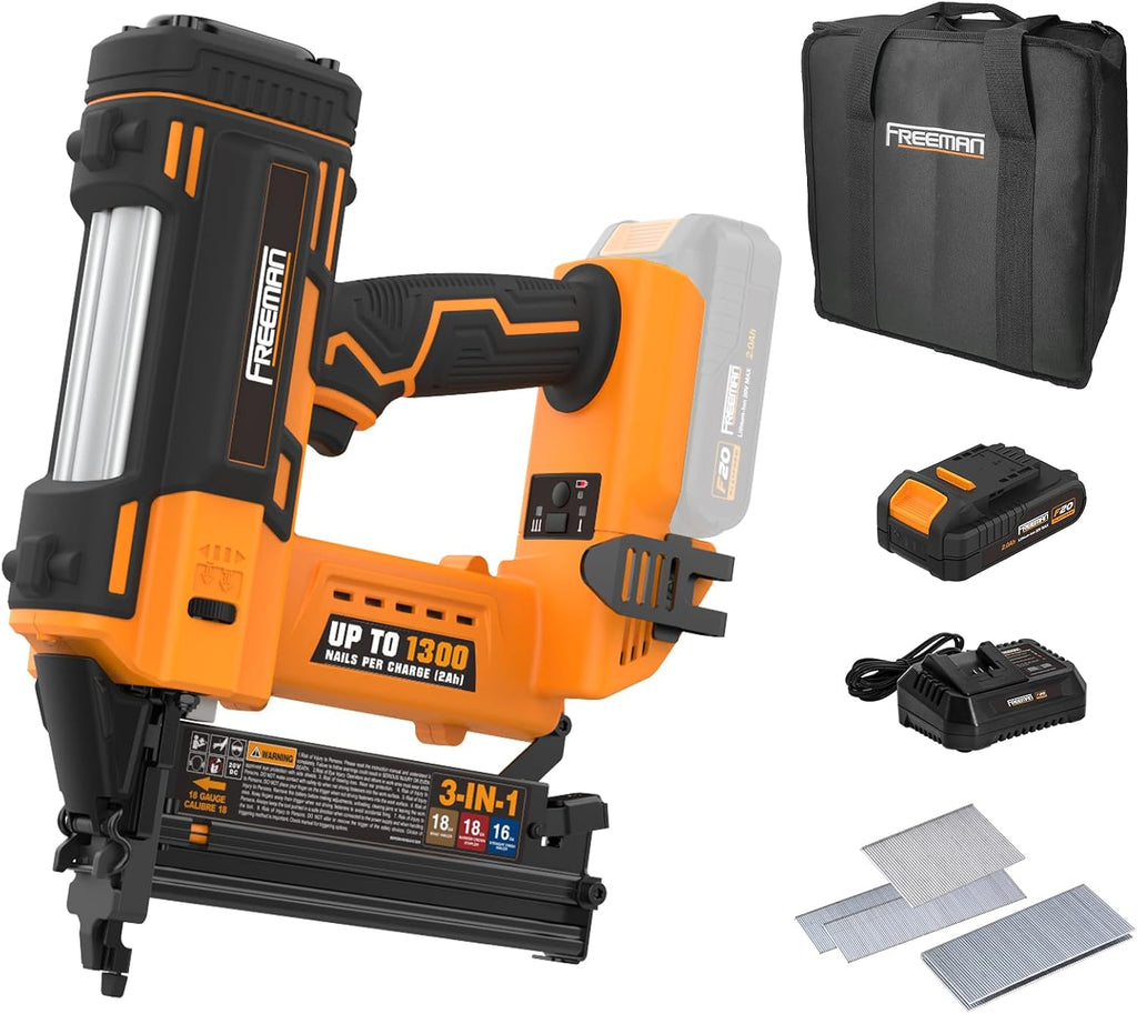 Freeman PE20V31618G 20 Volt Cordless 3-in-1 16 and 18 Gauge Nailer/Stapler Kit with Lithium Ion Battery, Charger, Bag, and Fasteners (600 Count) – 1300 Shots Per Charge
