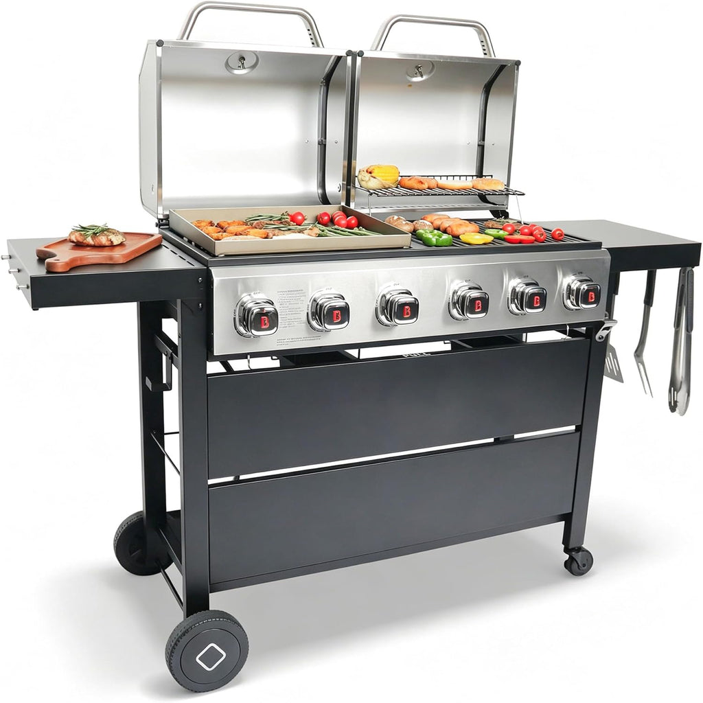 Flintex 6 Burner Propane Gas Grill Griddle Combo with Porcelain-Enameled Cast Iron Grates & Cast Iron Pan, Dual Outdoor BBQ Grill With Flat Top Griddle for Backyard Barbecue, 610 sq.in.
