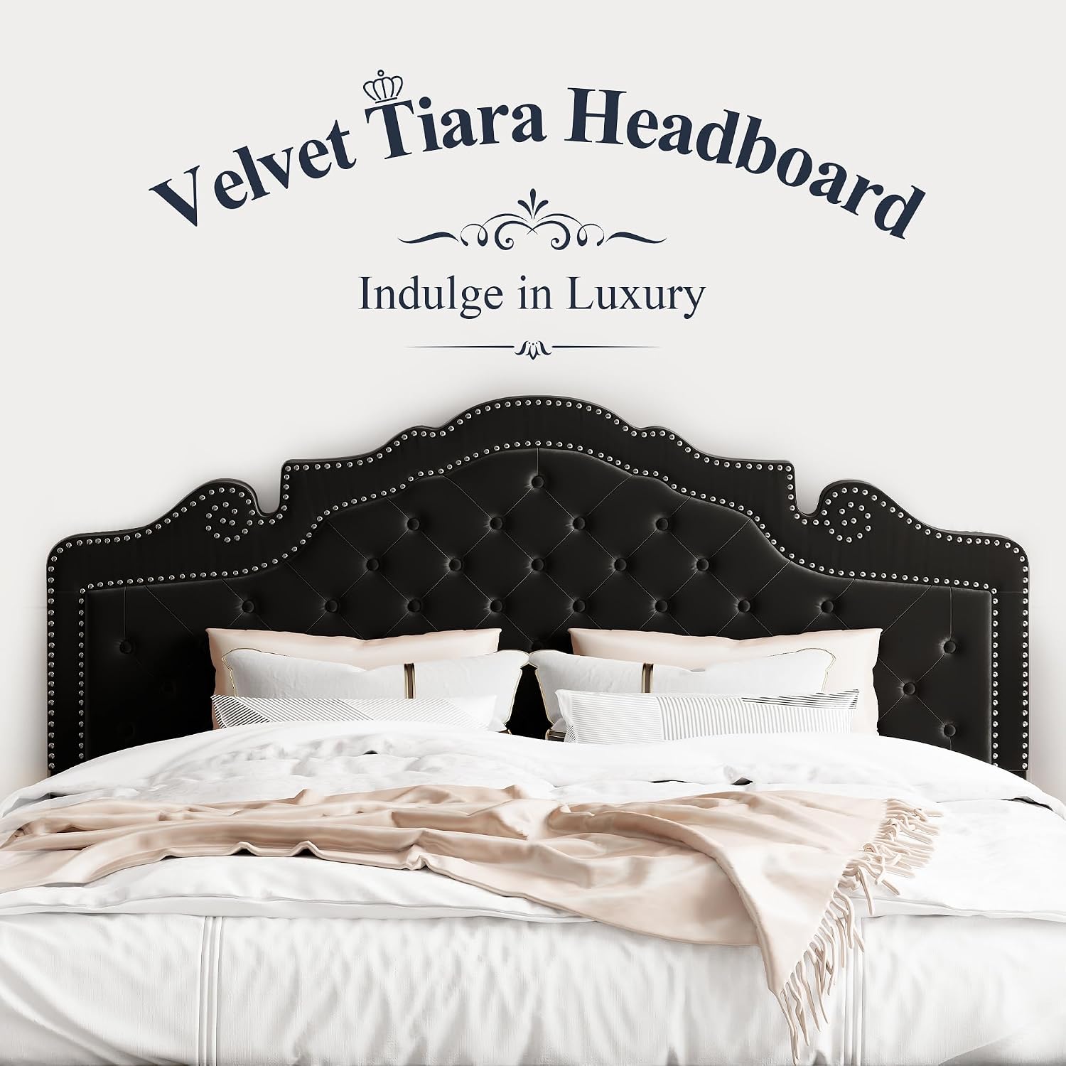 Allewie King Bed Frame with Adjustable Velvet Tiara Headboard, Upholstered Diamond Button Tufted Platform Bed, Wood Slats Support, No Box Spring Needed, Mattress Foundation, Easy Assembly, Black