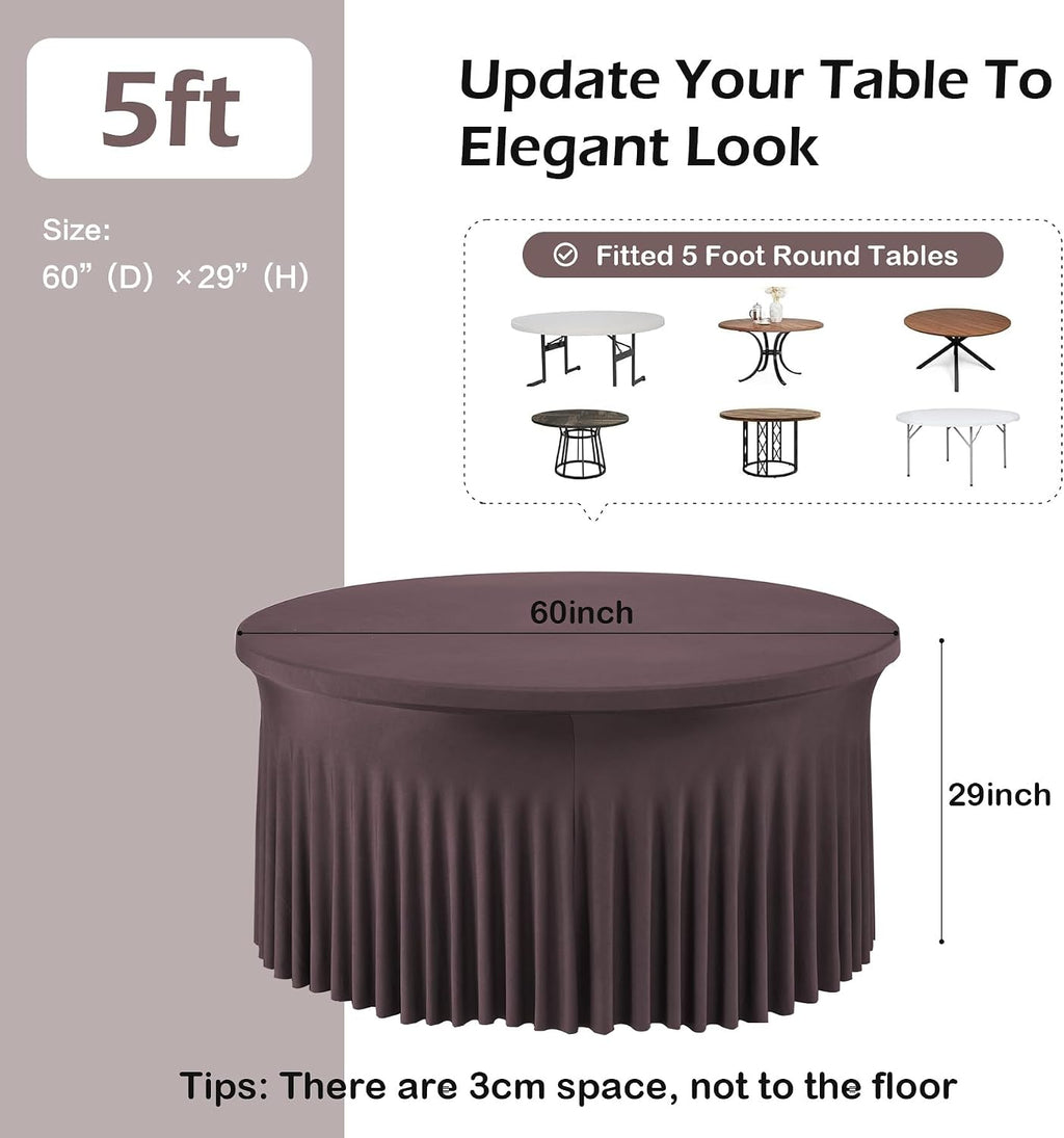 NSSONBEN 6 pk Brown Spandex Round Table Cloths for 60inch Table, Wrinkle Free 120inch Stretchy Fitted 5ft Round Table Covers with Skirt for Wedding Birthday Graduation Parties Banquet Events