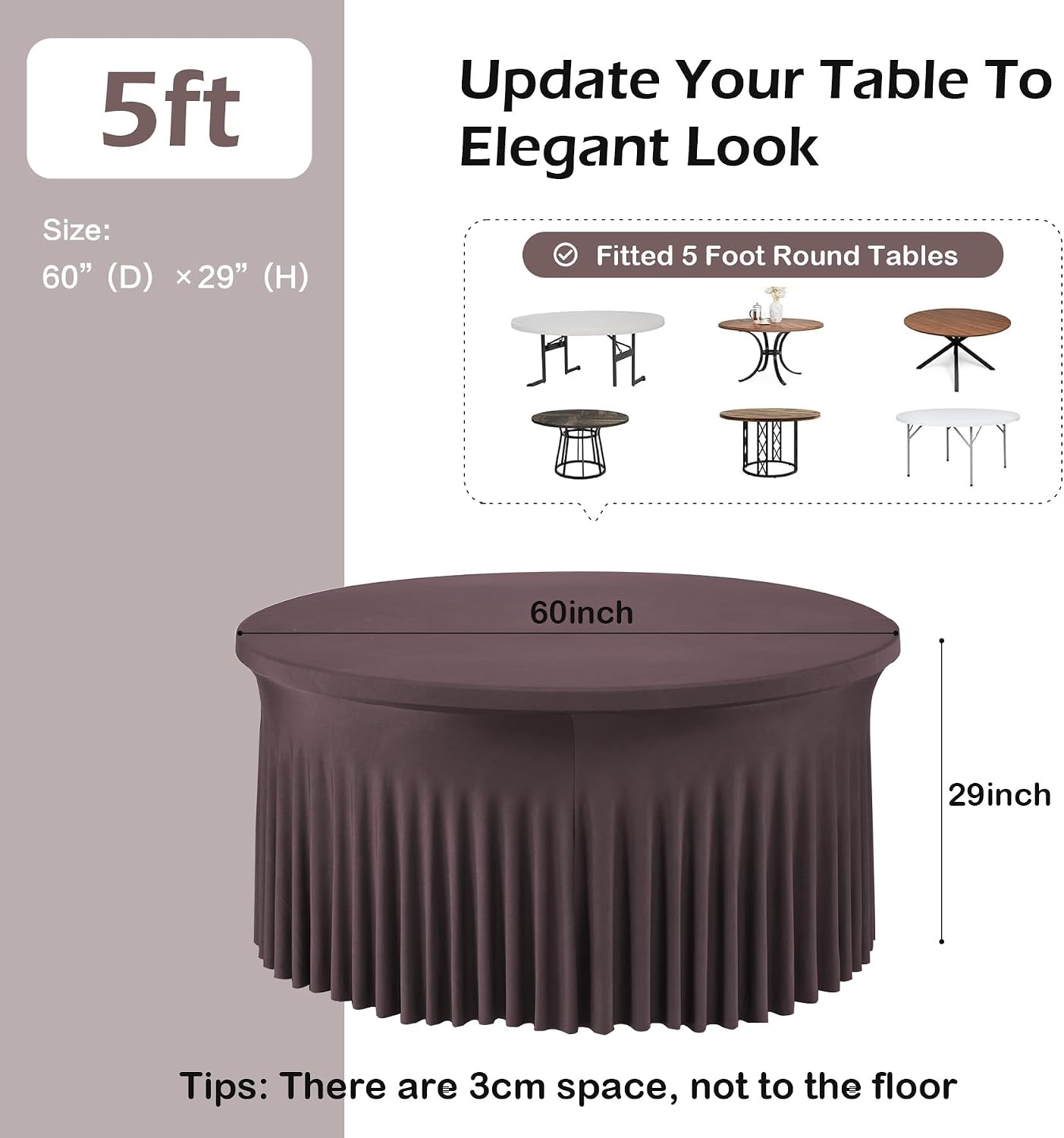 NSSONBEN 6 pk Brown Spandex Round Table Cloths for 60inch Table, Wrinkle Free 120inch Stretchy Fitted 5ft Round Table Covers with Skirt for Wedding Birthday Graduation Parties Banquet Events