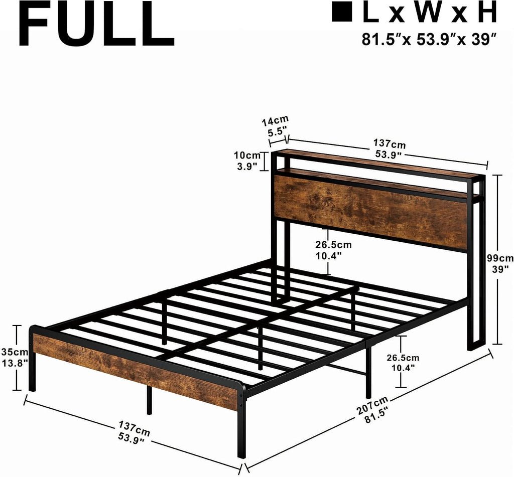LIKIMIO Full Size Bed Frame, Platform Bed with 2-Tier Storage Headboard, Solid and Stable, Noise Free, No Box Spring Needed, Easy Assembly, Vintage Brown