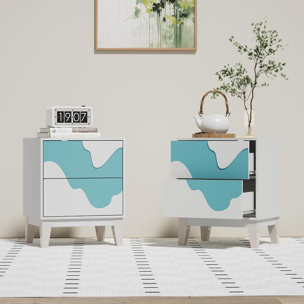 UEV 9-Drawer Dresser & 2 Nightstands Set - 3 Piece Modern Bedroom Furniture Set, 63' Wide Wooden Chest of Drawers with Flowing Water Pattern,2-Drawer Night Stands for Bedroom (White/Blue