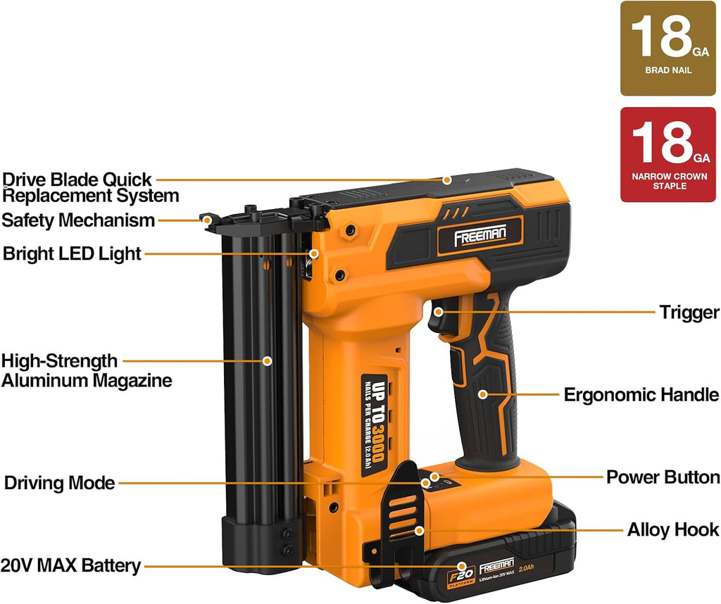 Freeman F20 20V Cordless 2-in-1 18-Gauge Nailer/Stapler | 1-1/4' Nails & Staples | 1500 Shots per Charge | Includes Battery, Charger & 400 Fasteners | PE20VBR9032