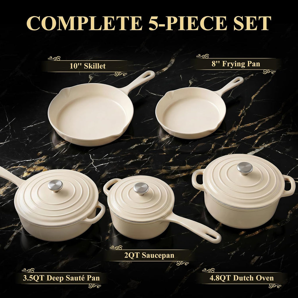 QuliMetal Nonstick Enameled Cast Iron Cookware Set, 5-Piece Pots and Pans Set with Lids, Skillet, Frying Pan, Saucepan & Dutch Oven for All Stovetops, PFOA Free, Ideal for Sourdough Bread Baking