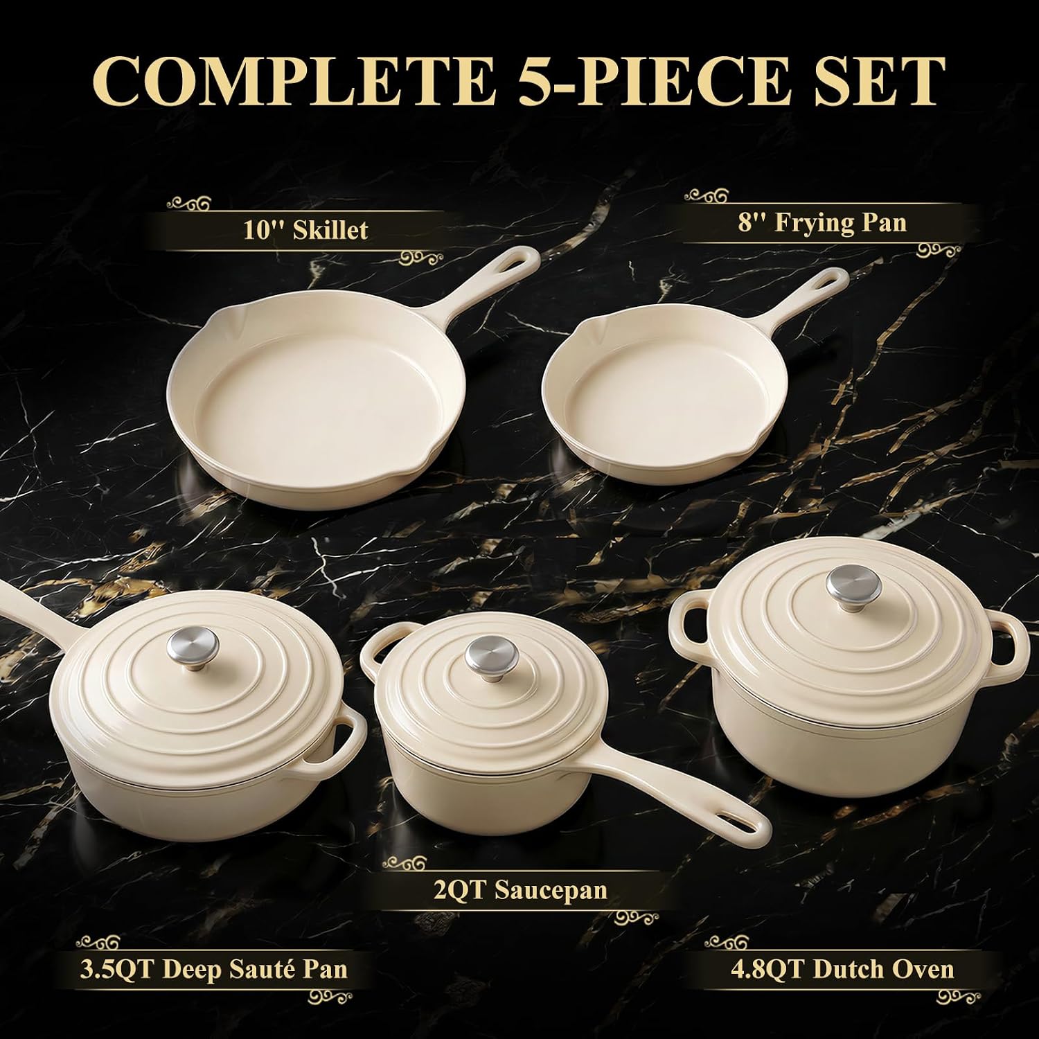 QuliMetal Nonstick Enameled Cast Iron Cookware Set, 5-Piece Pots and Pans Set with Lids, Skillet, Frying Pan, Saucepan & Dutch Oven for All Stovetops, PFOA Free, Ideal for Sourdough Bread Baking