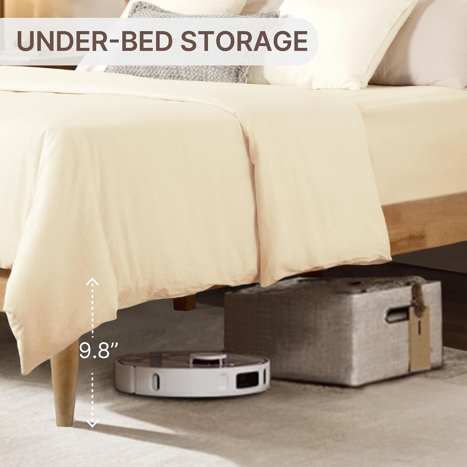 KISLOT 3 Pieces Bedroom Set, Wood Bed Frame with Upholstered Headboard & 2 Nightstands with Storage, Wooden Platform Mattress Foundation Farmhouse Bedroom Furniture Set