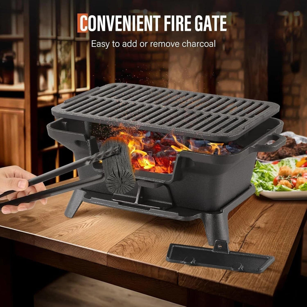 Oval Cast Iron Grill Outdoor - Portable Charcoal Grill & Tabletop Griddle, 19.6' Enameled Camping Stove with Carrying Handles,for BBQ, Tailgating & Hunting (Black,No Carrying Handle)