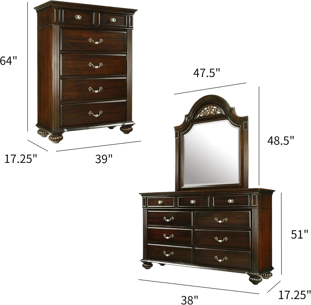 24/7 Shop at Home Syracuse 6-Piece Traditional Solid Wood Bedroom Set with Chest, Mirrored-Dresser and 2 Nightstands, Box Spring Required for Bedroom, Guest Room, Queen, Walnut