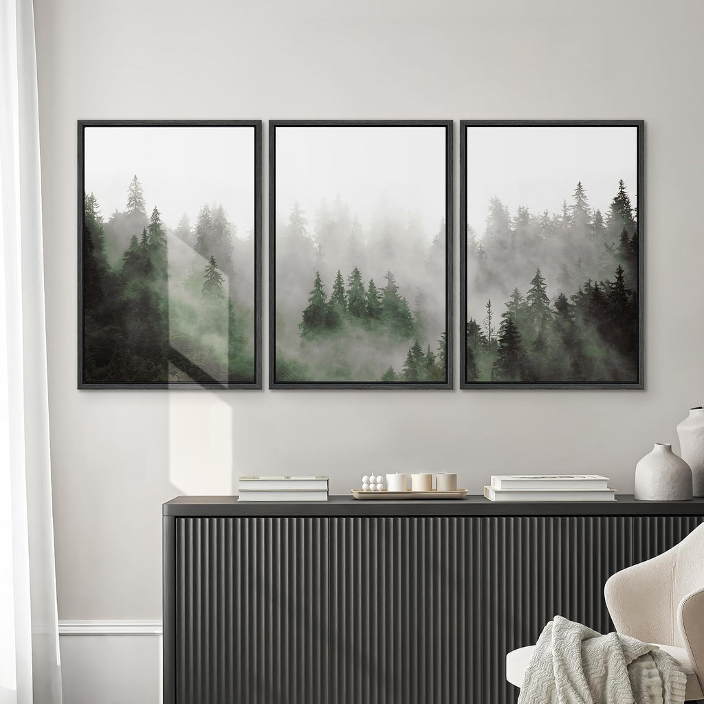 SIGNWIN Framed Canvas Print Wall Art Woodland Nursery Decor Set Fog & Mist Over Green Pine Tree Forest Nature Wilderness Modern Art Chic Landscape for Living Room, Bedroom, Office - 16'x24'x3 Black