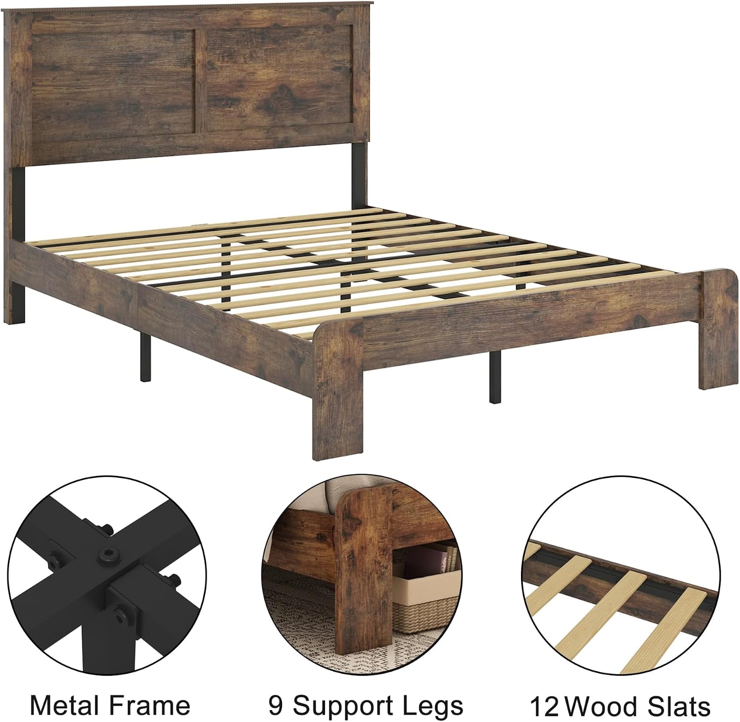 NNOOTK Queen Size Bed Frame, Vintage Platform Bed Frame with Wood Headboard and Footboard, 12 Wood Slats Support, No Box Spring Needed (Dark Brown)