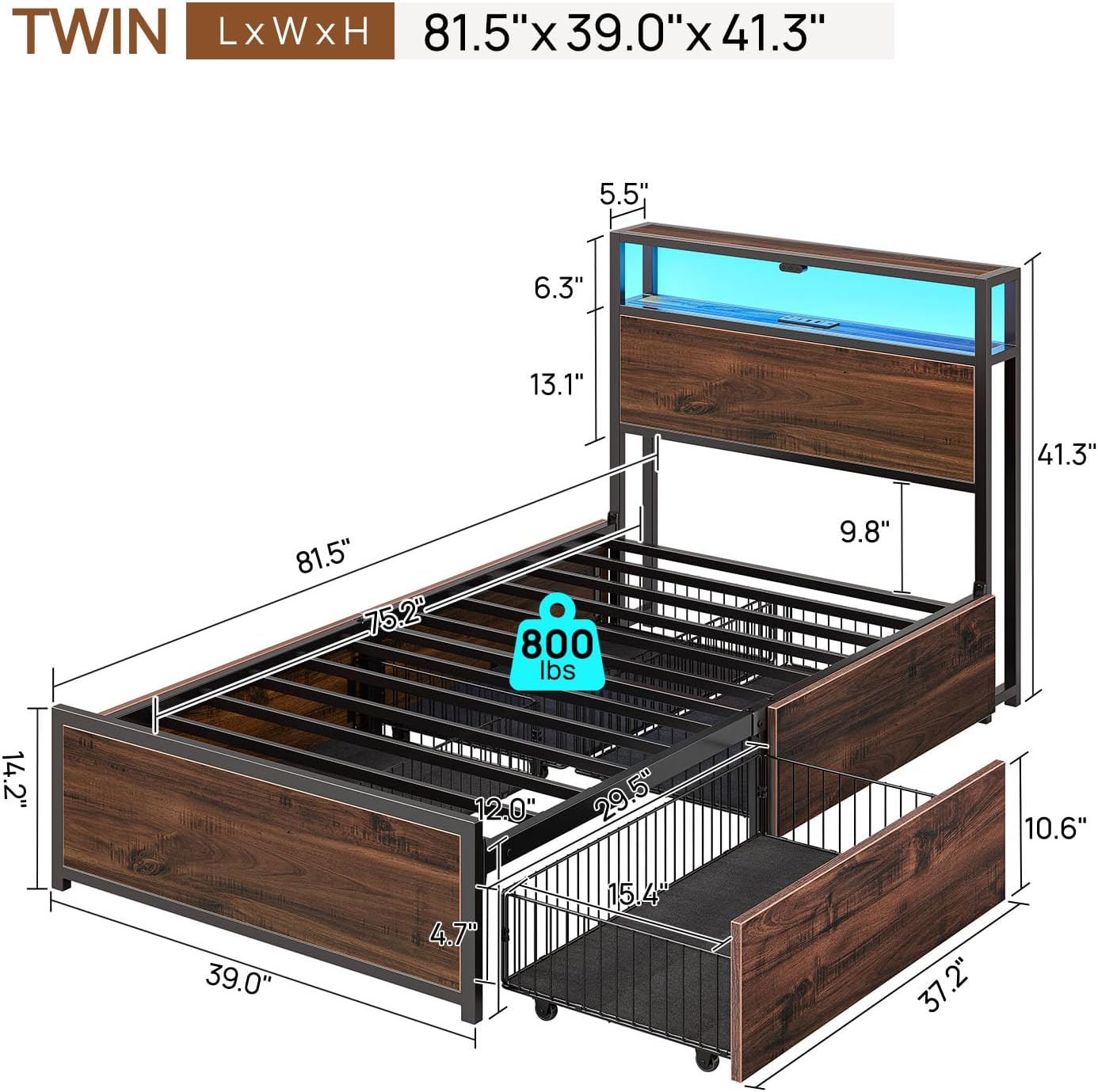 Rolanstar Twin Bed Frame with 4 Storage Drawers, Charging Station and LED Lights, Metal Platform Bed with 2-Tier Storage Headboard, No Box Spring Needed, Easy Assembly, Noise-Free, Walnut