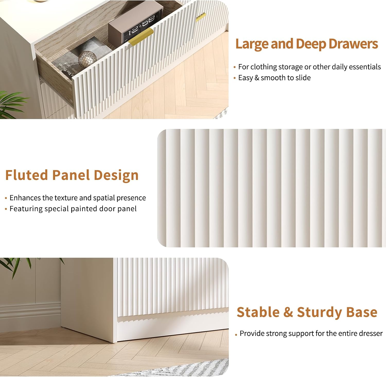 Dresser and Nightstand Sets, 6 Drawer Dresser Set for Bedroom 3 Piece, 55' Wide Wooden Fluted White Dressers W/Metal Handle & Night Stand Set of 2, Modern Bedroom Furniture Sets, White