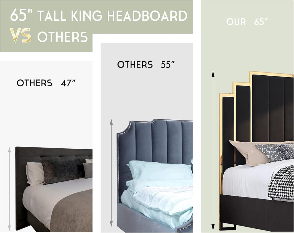 HOWE King Size Bed Frame and 65' Headboard, Upholstered Bed with Golden Plating Trim, Modern Platform Bed No Box Spring Needed, Black