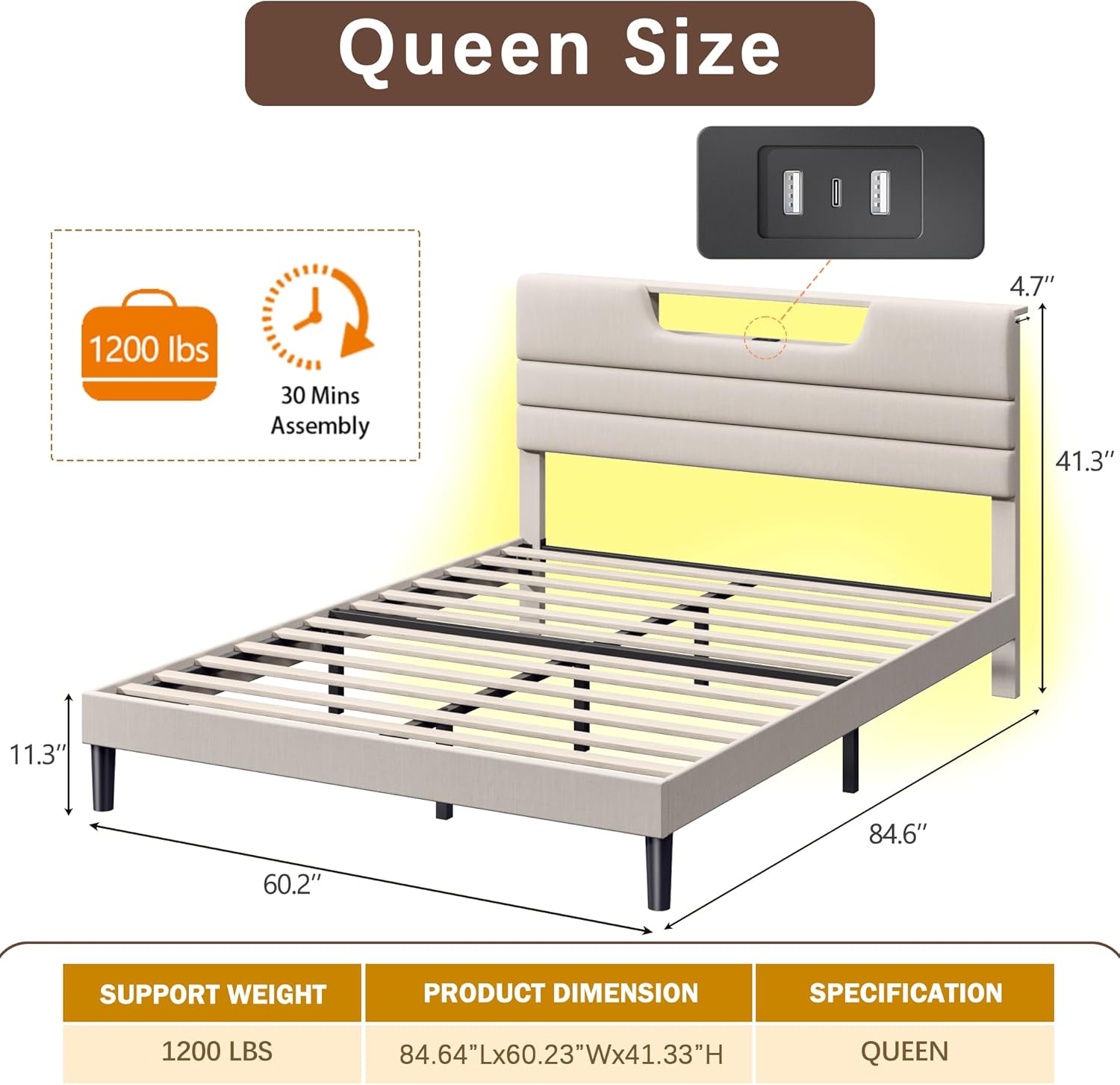 OURPIC Queen Size Bed Frames with Upholstered Headboard, Modern Platform Bed with Charging Station and Led Lights, Bed Frame with Sturdy Wooden Slats/No Box Spring Needed/2-Tier Storage, Beige