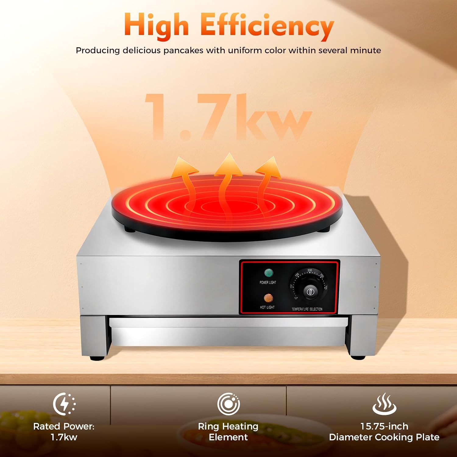 1700W 16' Electric Crepe Maker Commercial Crepe Machine with Spatula and Non-Stick Cooking Surface Pancake Griddle Pan for Kitchen Snack Stand Dessert Shop, 122-572℉ Adjustable