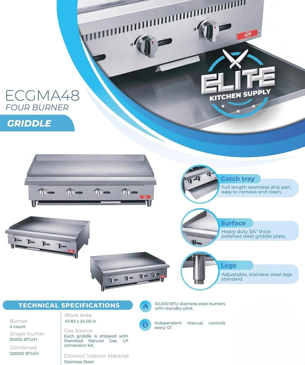 Commercial Countertop Griddle, ETL 48' Flat Top Grill Natural Gas (NG) / Propane, 4 Burners - 120000 BTU