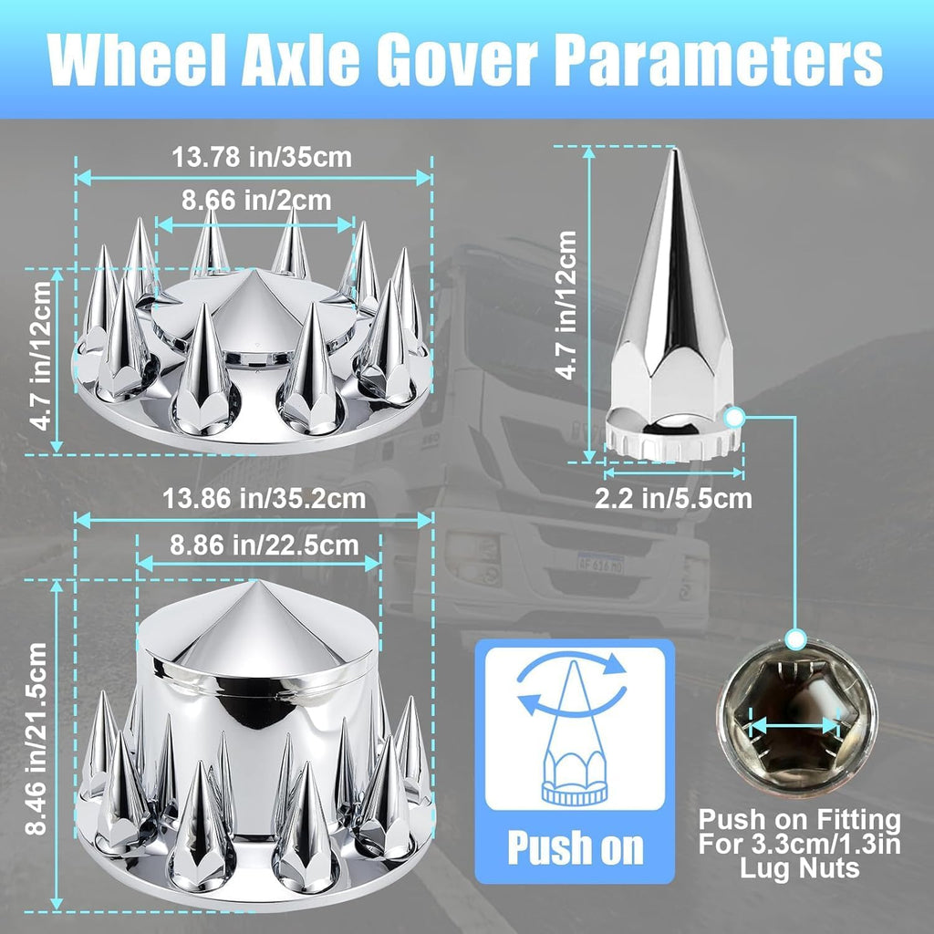 ABS Chrome Plastic Front Axle and Rear Cover Kits with 33mm Push-on Flange Nut Covers for Semi Trucks in Pairs, Spiked, 2+4 Set