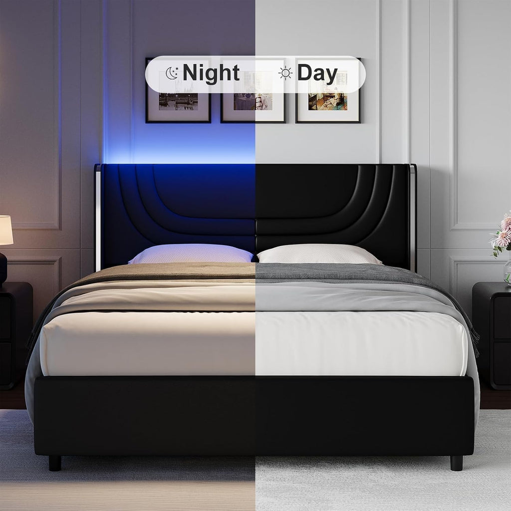 REVOMINCA Queen Bed Frame with LED Lights, Faux Leather Upholstered Platform with Silver Wingback Headboard, Modern Style, No Box Spring Needed, Easy Assembly, Black